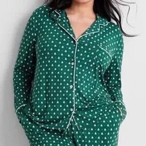 State Of Day Intimates Pajama Top Womens S Green Tree Print Stretch Notch Collar